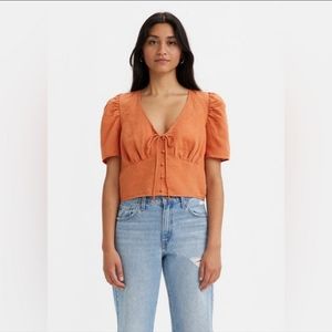 NWT LEVI'S Woven Wear Women’s Luisa Orange Cropped Puff Sleeve Top Size L